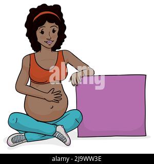 Happy brunette pregnant mom, touching her belly after the prenatal exercises, next to a pink box with empty space. Design in cartoon style over white Stock Vector