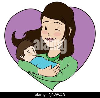 Lovely mom with long hair, carrying her baby in arms, winking at you inside a pink heart shaped frame. Stock Vector