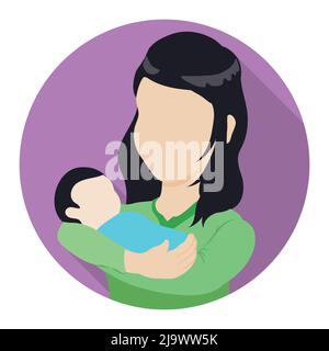 Pink button with faceless mom carrying her baby in arms. Design in flat style and long shadow effect. Stock Vector