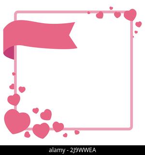 Pink template with square shaped frame decorated with different size hearts and curled ribbon. Stock Vector