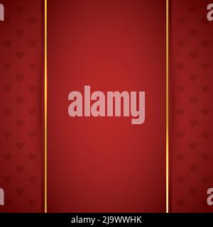 Template design with vertical red label, decorated with golden stripes and heart shaped pattern in the background. Stock Vector