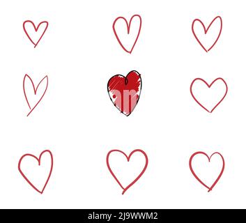 Doodle set of different heart shapes in outlines and one colored in red. Stock Vector