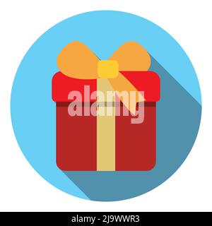 Round blue button, with minimalist gift box inside it. Design in flat style and long shadow. Stock Vector