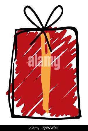 Gift box in doodle style, colored with red and yellow felt tip pen. Stock Vector