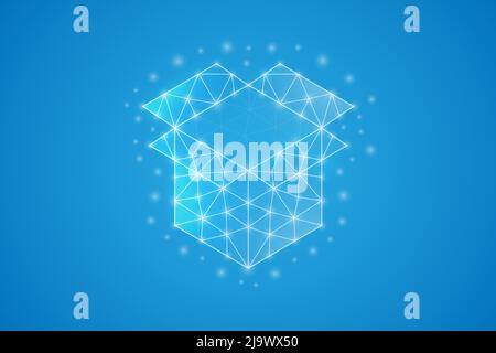 Open box low poly symbol with white connected dots. 3d geometric polygonal Giftbox. Delivery, package, cargo design vector illustration. Stock Vector