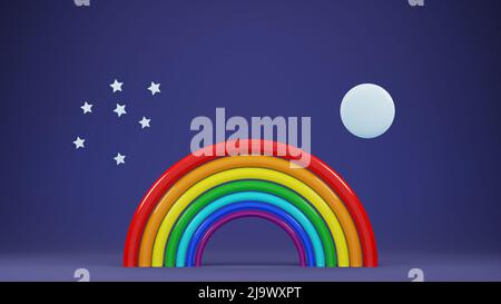 cartoon rainbow with moon and stars in the night, 3d render Stock Photo