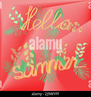 banner hello summer on a red background tropical leaves Stock Vector