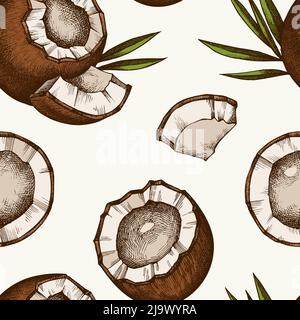 Fruits seamless pattern background design. Engraved style. Hand drawn coconut. Stock Vector