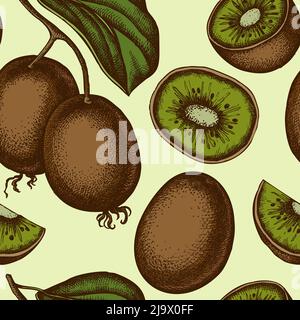 Fruits seamless pattern background design. Engraved style. Hand drawn kiwi fruit. Stock Vector
