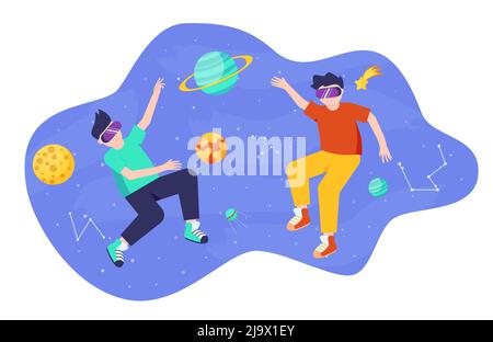 Metaverse or Virtual reality technology concept. Man and man in digital glasses. Teenage gamer wearing VR headset playing game. Eps 10 Stock Vector