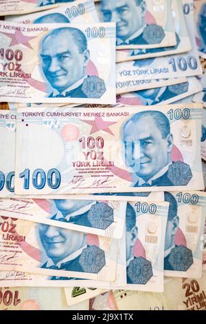Turkish lira banknotes close-up. Concept image for Turkish currency Lira, Turkish economy, inflation, trade, politics Stock Photo