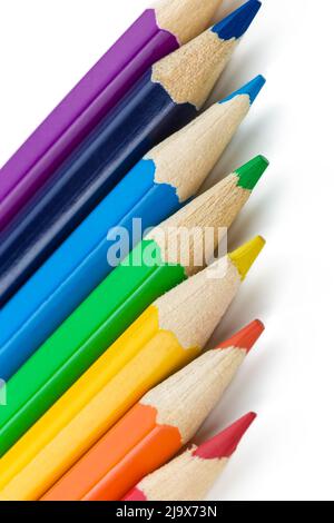 Many different colored pencils on white background. Stock Photo