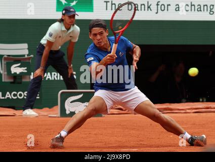 Paris, France. 25th May, 2022. Sebastian Baez of Argentine plays against German Alexander Zverev during their French Tennis Open match at Roland Garros near Paris, France, on Wednesday 25 May, 2022. Zverev won 2-6, 4-6, 6-1, 6-2, 7-5. Photo by Maya Vidon-White/UPI Credit: UPI/Alamy Live News Stock Photo