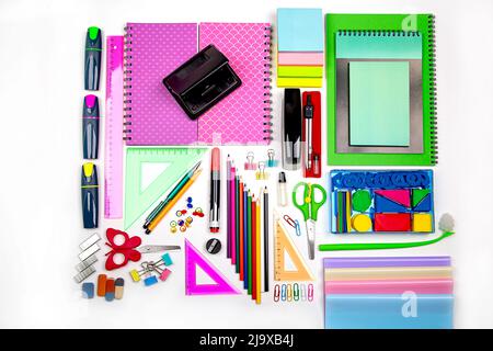 A set of stationery in different shades on a white background. I'm going to school soon. Stock Photo