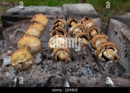 Preparing mushrooms on burning coals. BBQ for vegetarians. Stock Photo