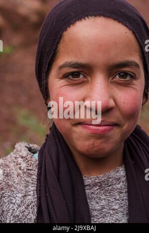 teenage berber girl with headscarf, Ait Blal, azilal province, Atlas mountain range, morocco, africa Stock Photo