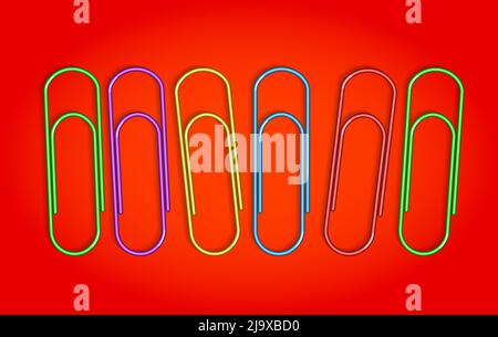 Multicolored paper clips on red background. Vector illustration. Stock Vector