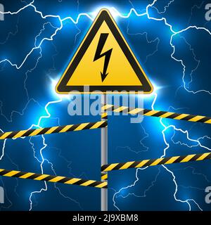 Warning sign. Electrical hazard. Fenced danger zone. A pillar with a sign. Lightning strikes. Flash arcing. Fantastic background. Vector illustration. Stock Vector