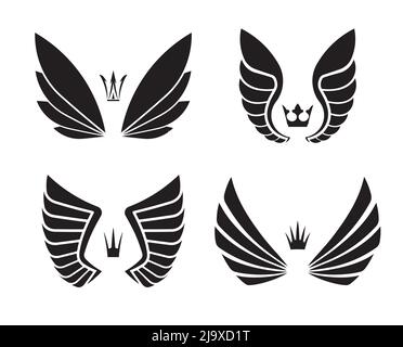 Set of four pairs of wings with crowns. Stock Vector