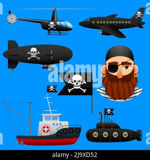 Collection of pirate transport, set of aircraft and boats with pirate symbols. Vector illustration. Stock Vector