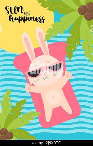 Summer tropical poster with Cute rabbit in sunglasses on waterproof rubber mattress in sea under palm trees. Sun and happiness. Vector illustration. S Stock Vector