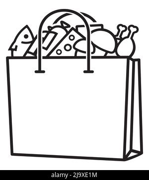Bag full of grocery. Black and white illustration for your design. Stock Vector