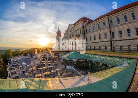 Church of monastery Goettweig near Krems against sunset in Lower Austria, Wachau, Austria Stock Photo