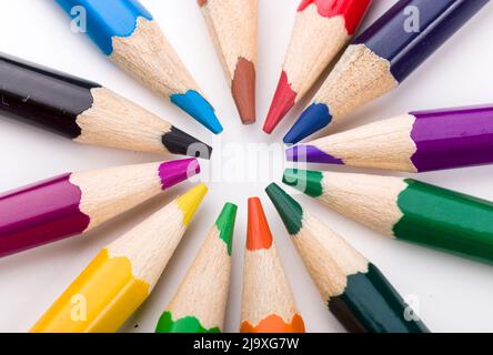 Many different colored pencils on white background. Stock Photo