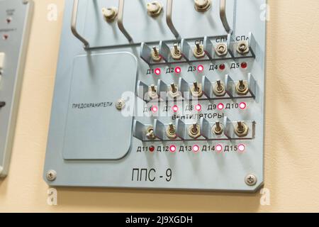 Switches on a control panel of soviet spaceship. Stock Photo