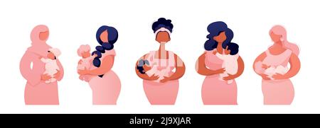 Five Standing Women with Babies on Hands Stock Vector