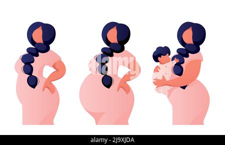 Stages of Pregnancy Pregnant and with baby on Arms Stock Vector