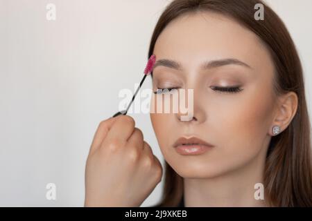 Woman face in spa salon correcting and brushing eyebrows by brush, checking brow eye line. Shine skin face. Close up Stock Photo