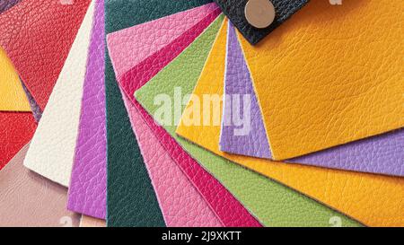Samples of genuine leather, bright colors, top view Stock Photo
