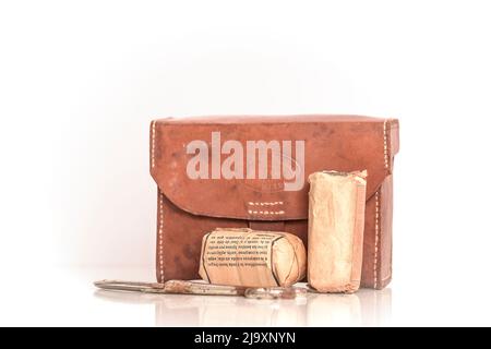 Very rare antique Set First Aid Kit medicine equipment from 1940. Stock Photo