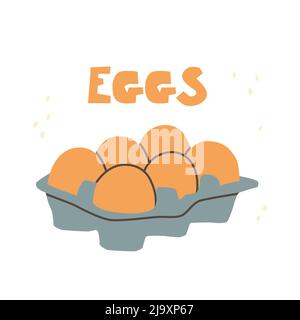 Six orange chicken eggs in a cardboard box. Vector illustration isolated on white background. Stock Vector