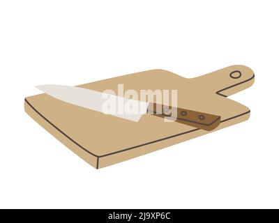Cutting board with kitchen knife. Items isolated. Vector flat illustration isolated on white background. Stock Vector