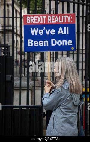 London, UK. 25 May 2022. A female protester from the Stand of Defiance European Movement (SODEM) holds up a sign outside Downing Street stating 'Brexit Reality: We've all been done'. Credit: Kiki Streitberger/Alamy Live News Stock Photo