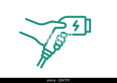 Hand holding electric charger connector linear icon. Electrical transportation charging plug symbol. Eco friendly electro vehicle charge sign. Vector battery powered EV transport station eps logo Stock Vector
