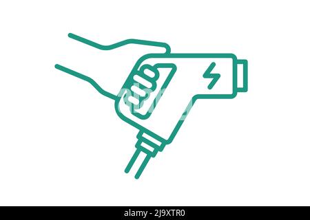 Hand holding electric charger connector linear icon. Electrical transportation energy charging plug symbol. Eco friendly electro vehicle charge sign. Vector battery powered EV transport station logo Stock Vector