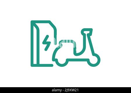 Electric motorbike charging in charger station linear icon. Electrical moped energy charge green symbol. Eco friendly electro motorcycle recharge sign. Vector eps battery powered EV transportation Stock Vector