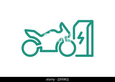 Electric sportbike charging in charger station linear icon. Electrical motorcycle energy charge green symbol. Eco friendly electro motorbike recharge sign. Vector eps battery powered EV transportation Stock Vector