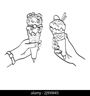 closeup  hands holding melting ice cream waffle cone illustration vector hand drawn isolated on white background line art. Stock Vector