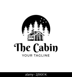 Premium log cabin and pine forest design logo on vintage white background Stock Vector