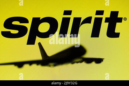 Brazil. 25th May, 2022. In this photo illustration, the Spirit Airlines logo seen in the background of a silhouette of an Airbus A380 plane. Credit: SOPA Images Limited/Alamy Live News Stock Photo