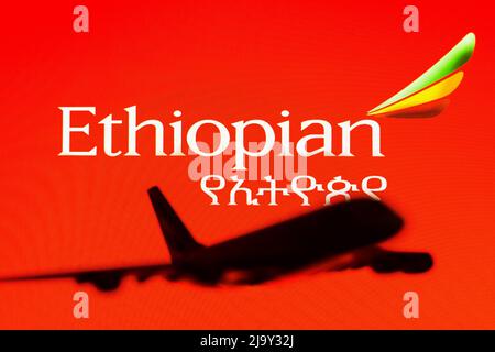 Brazil. 25th May, 2022. In this photo illustration, the Ethiopian Airlines logo seen in the background of a silhouette of an Airbus A380 plane. Credit: SOPA Images Limited/Alamy Live News Stock Photo