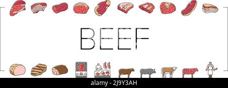 Beef Meat Nutrition Production Icons Set Vector Stock Vector