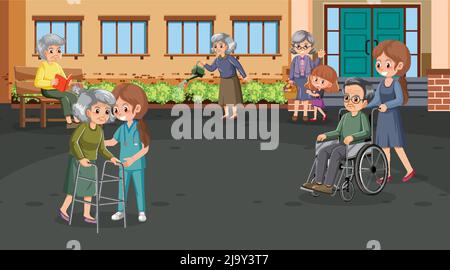 Outdoor park with elderly people and caregivers illustration Stock Vector