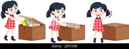 Cartoon girl putting his toy into the box illustration Stock Vector