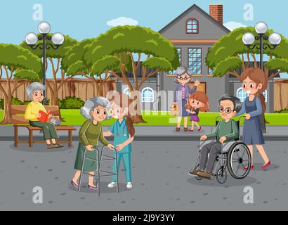 Outdoor park with elderly people and caregivers illustration Stock Vector