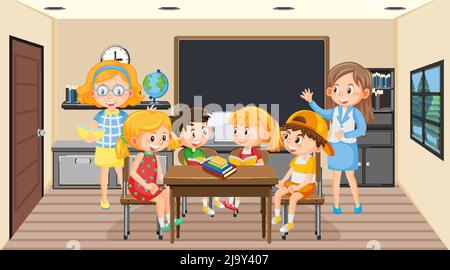 Teacher and students in the classroom illustration Stock Vector